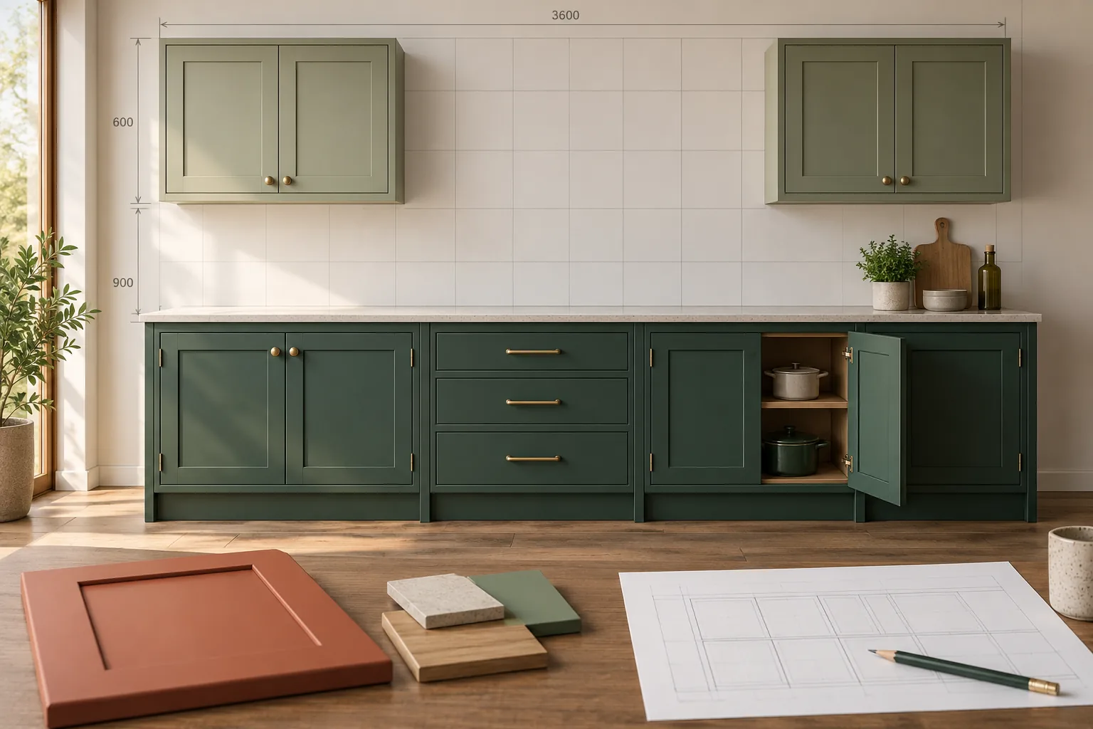 Green cabinet elevation with dimension annotations and a terracotta finish sample